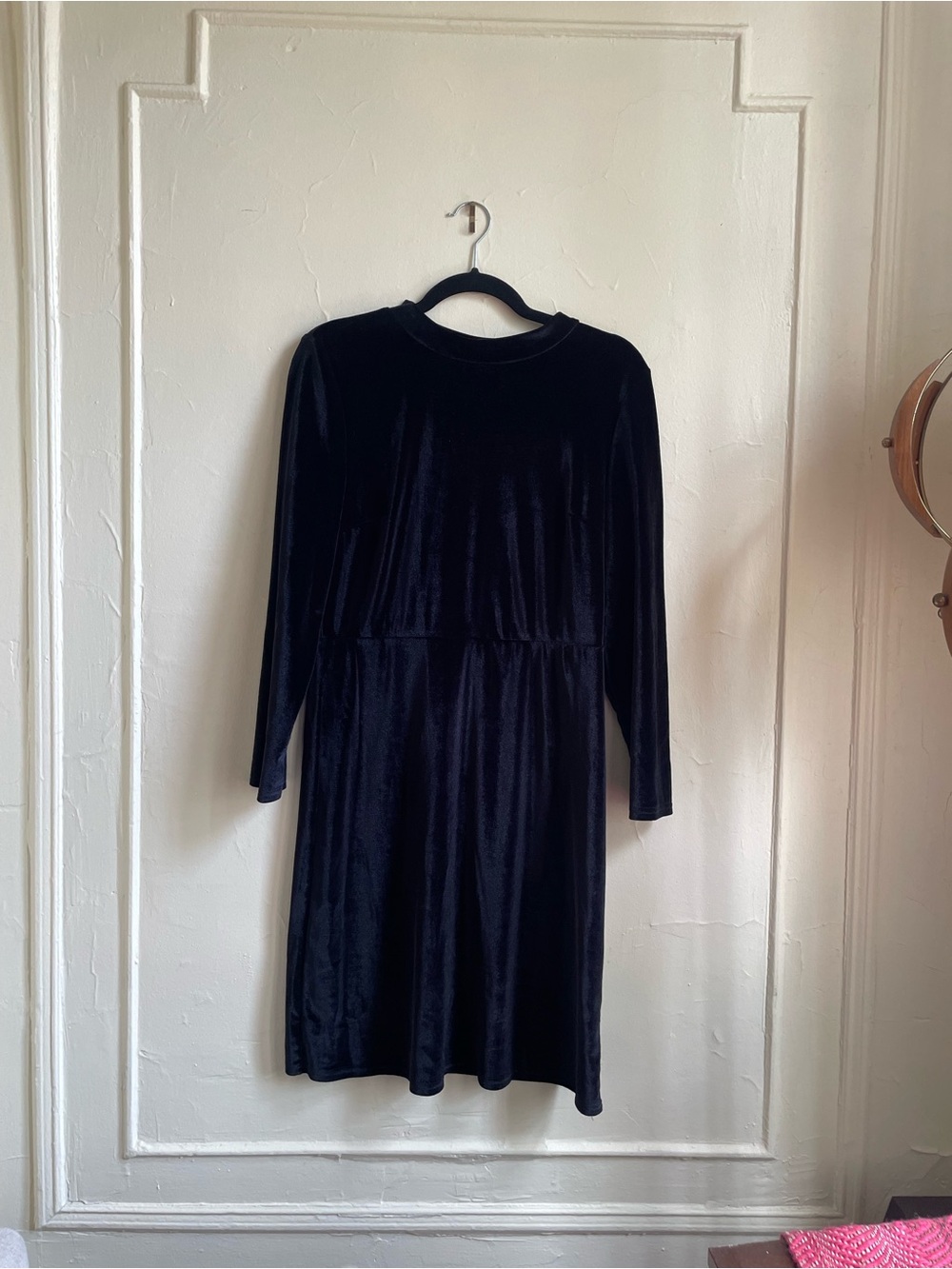 Black Velvet Long-Sleeve Mock Neck MIDI Dress